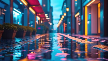 Poster - Urban alleyway at night with rain-soaked pavement reflecting colorful neon lights and flower pots in the foreground Copy Space