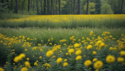 Poster - Yellow wildflowers in a lush green field under a soft natural light with blurred foreground and background Copy Space
