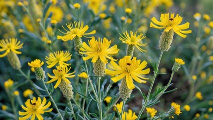 Poster - Vibrant yellow wildflowers in a lush green field with blurred background and ample copy space for text placement