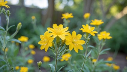 Poster - Yellow wildflowers in a garden setting with blurred background showcasing vibrant foliage and floral details. Copy Space