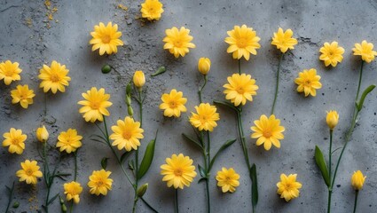 Poster - yellow flowers arranged on textured gray background with green leaves, natural floral composition, c