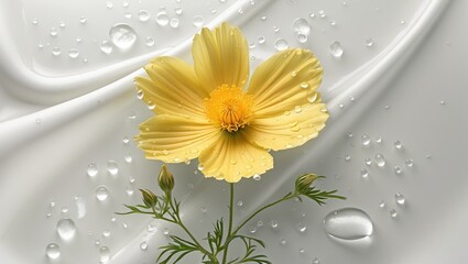 Poster - yellow flower with water droplets on petals placed on textured white background, featuring gentle cu