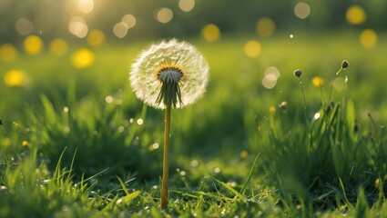 Poster - Dandelion flower on green grass field illuminated by sunlight with blurred background and bokeh effect Copy Space