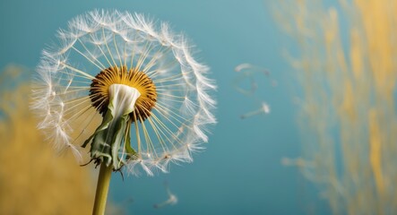 Sticker - Dandelion seed head with blowing seeds against a blurred blue background showcasing fine details and textures Copy Space