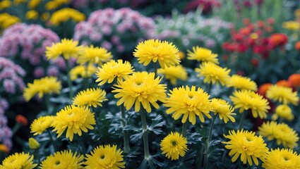 Wall Mural - Vibrant yellow flowers in a lush garden setting with blooming plants in the background suitable for various uses Copy Space