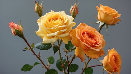 Wall Mural - Yellow and orange roses bouquet with fresh buds and green leaves on gray background Copy Space