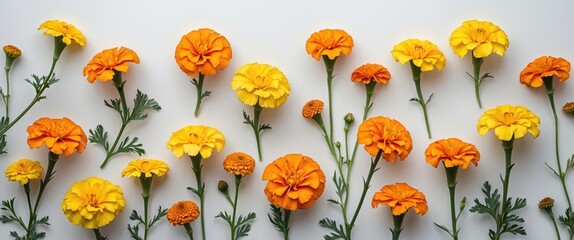 Poster - Colorful marigold flowers in yellow and orange arranged on a white background with green leaves and stems Copy Space