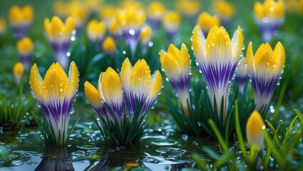 Poster - Vibrant yellow and purple crocus flowers with water droplets in a lush green garden setting with Copy Space