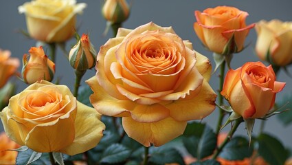 Poster - Yellow and orange roses bouquet displaying various sizes with a blurred background and greenery leaves Copy Space