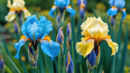 Poster - Colorful blue and yellow iris flowers in a lush garden setting with blurred green background and ample copy space for text