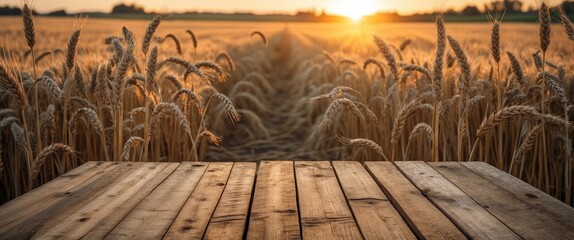 Aufkleber - Golden wheat field at sunset with wooden table in foreground providing ample copy space for text or graphics.
