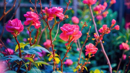Wall Mural - vibrant flowers in a garden showcasing blooming pink roses amidst lush greenery in a serene outdoor 