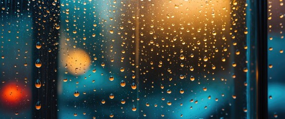 Aufkleber - rain droplets on a windowpane creating an abstract background with warm light reflections in a cozy 