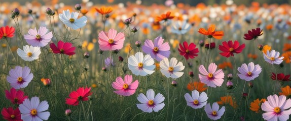 Wall Mural - colorful cosmos flowers blooming in a vibrant field during summer with a soft focus on natural flora