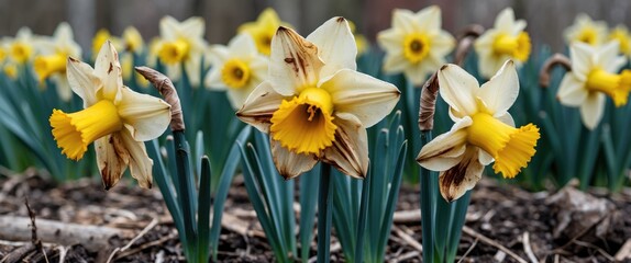 Aufkleber - Daffodil flowers in bloom with yellow centers and wilted petals surrounded by green foliage in a garden setting Copy Space