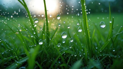 Aufkleber - Close-up view of green grass blades with water droplets glistening in sunlight during early morning hours with soft bokeh background Copy Space