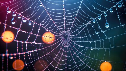 Aufkleber - Spider web adorned with dew drops glistening in soft light creating a stunning natural backdrop for innovative design projects.
