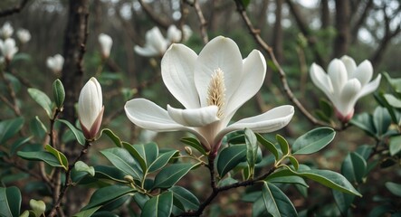 Aufkleber - Magnolia flowers blooming among green foliage in a natural setting with soft lighting and blurred background Copy Space
