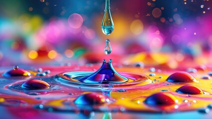 Aufkleber - Vibrant abstract composition featuring colorful water droplets creating a ripple effect against a soft bokeh background.