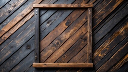 Aufkleber - Dark wooden frame on diagonal planks for displaying art or text with rustic backdrop and ample copy space for creative design use