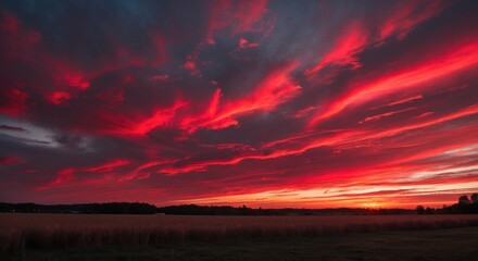 Wall Mural - Vivid red sunset clouds over open field creating a dramatic and peaceful evening landscape scene in nature.