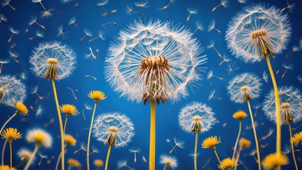 Wall Mural - dandelion seeds floating against a vivid blue sky surrounded by vibrant yellow flowers creating a se
