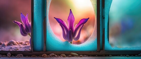 Aufkleber - Glass window detail featuring a vibrant purple flower with a blurred background creating a dreamy atmosphere and aesthetic appeal.