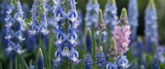 Wall Mural - blue delphinium flowers in full bloom surrounded by vibrant greenery and hints of pink blossoms crea