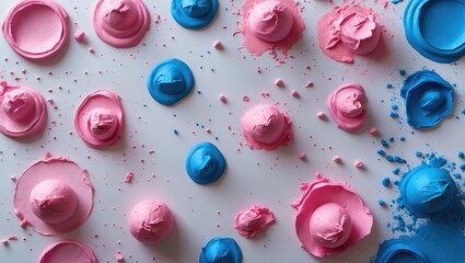 Aufkleber - Colorful pink and blue paint swirls and daubs spread across a white surface creating an artistic and vibrant abstract background.