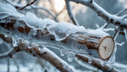 Wall Mural - Frozen tree branch encapsulated in ice and snow showcasing winter's beauty and nature's resilience in a tranquil woodland setting.