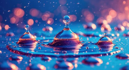 Sticker - Colorful macro shot of water droplets creating ripples on a blue surface with blurred bokeh effects in the background.