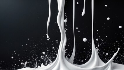 Aufkleber - Abstract white paint splashes and streams on black background creating dynamic fluid shapes and particles in a creative design concept.