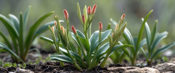 Poster - Close-up view of green plants with red flower buds growing in a garden with blurred background and soil visible Copy Space