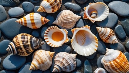 Poster - Assorted seashells on smooth pebbles background with bright natural lighting and textures ideal for coastal themes and marine life concepts