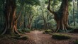 © pngking - Mature forest setting with large trees covered in moss and a winding dirt path surrounded by lush vegetation and soft lighting Copy Space