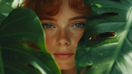 Aufkleber - A stunning young woman gazes softly from behind lush green leaves, her freckles accentuated in the gentle sunlight. Her enchanting blue eyes reveal depth and warmth, inviting connection