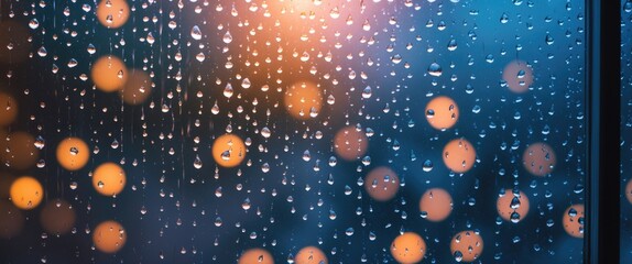Aufkleber - Raindrops on window glass creating a dreamy bokeh effect with soft light during a rainy season evening atmosphere.