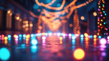 Aufkleber - Blurred abstract bokeh background featuring colorful Christmas lights illuminating a festive street scene during the holiday season.