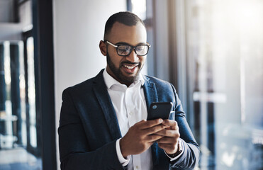 Poster - App, corporate and phone with business man in office for communication, social media or text message. Contact, glasses and smile of professional employee person walking in workplace for start of job