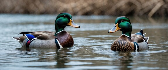 Wall Mural - Two male mallard ducks swimming closely together on a calm body of water with blurred reeds in the background and copy space.