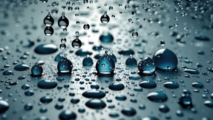 Aufkleber - Close-up of water droplets on a reflective glass surface creating a textured and vibrant background with varying shades of blue.