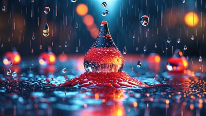 Aufkleber - Vivid close-up of colorful water droplets forming a splash on a surface after rain with blurred lights in the background