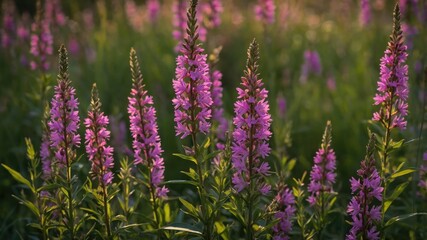 Aufkleber - Field of vibrant purple flowers with tall green stems illuminated by soft evening light, natural background with Copy Space