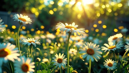 Wall Mural - bright daisies glowing in sunlight amidst lush green garden background during a serene spring day.