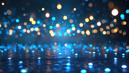 Aufkleber - abstract bokeh background with blue and golden lights reflecting on a surface creating a magical and