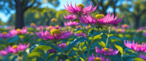 Wall Mural - vibrant milkweed flowers in a sunlit park setting showcasing nature's beauty in summer bloom.