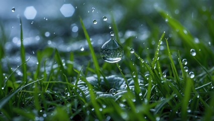 Aufkleber - close-up of dew droplets on green grass blades with blurred background and water drop suspended abov