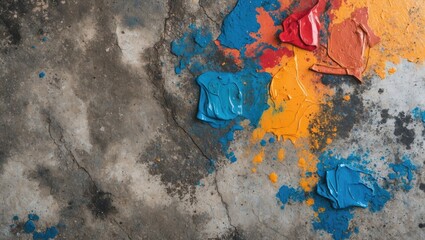 Aufkleber - Abstract paint splatters on a textured concrete floor creating a vivid and artistic background for creative projects.