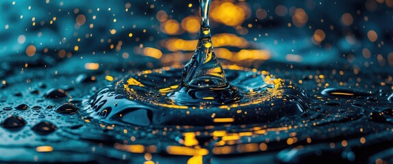 Aufkleber - Captivating macro shot of water droplets creating ripples with vibrant reflections in a dark background showcasing fluid dynamics and tranquility.