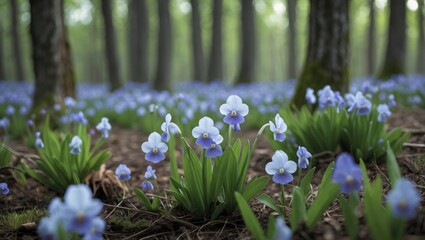 Aufkleber - Blue violet flowers blooming in a lush forest setting with tall trees surrounded by greenery and soft sunlight Copy Space
